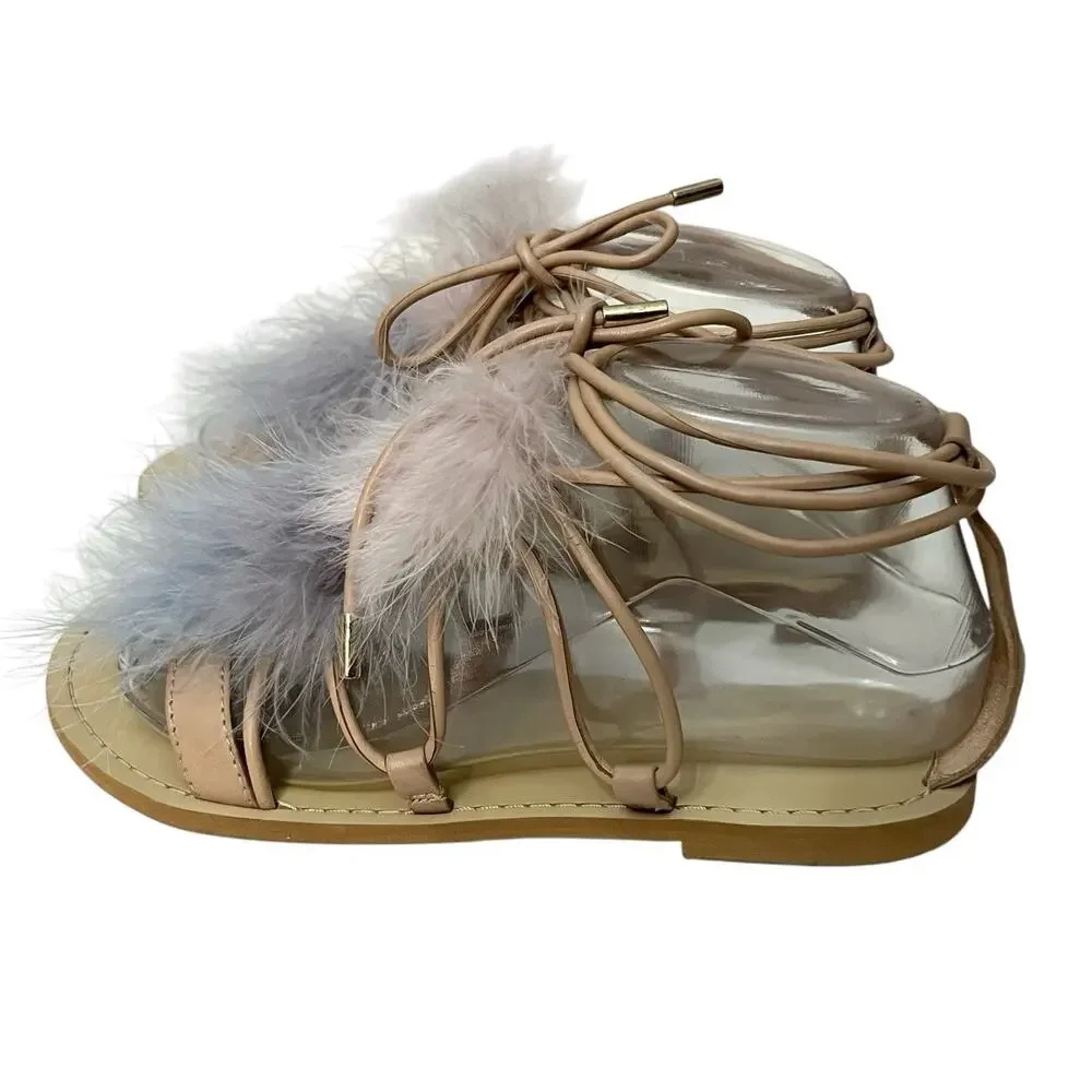 Zara Feather Gladiator Sandals 36EU/6US Tan Multi Lace Up Ankle Strap Boho Flat - Picture 3 of 9